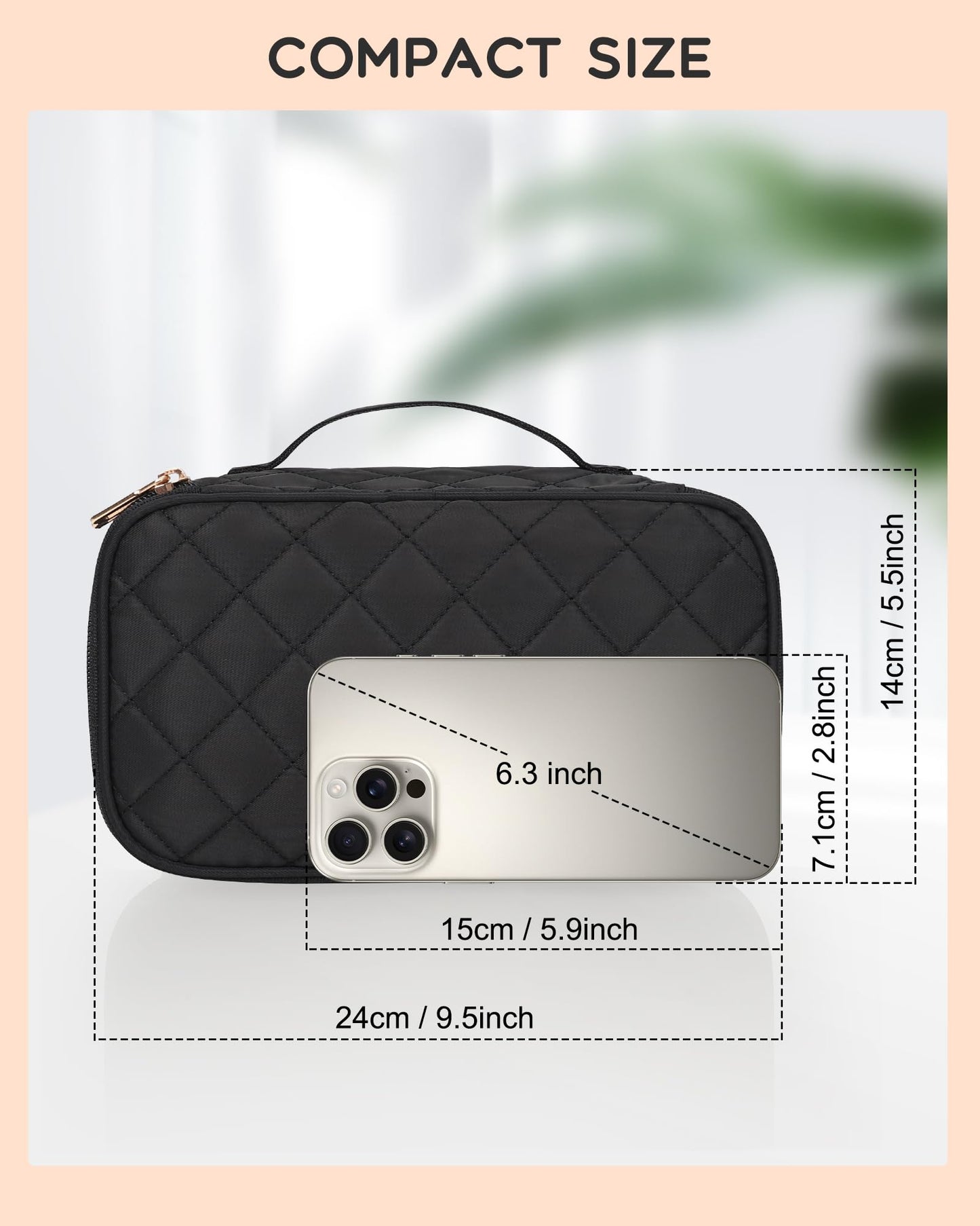 Relavel Small Makeup Bag, Travel Makeup Bag, Cosmetic Bag for Women, 2 Layer Makeup Organizer, Black Make Up Pouch Waterproof, Makeup Brush Holder, Durable Zipper (Black)