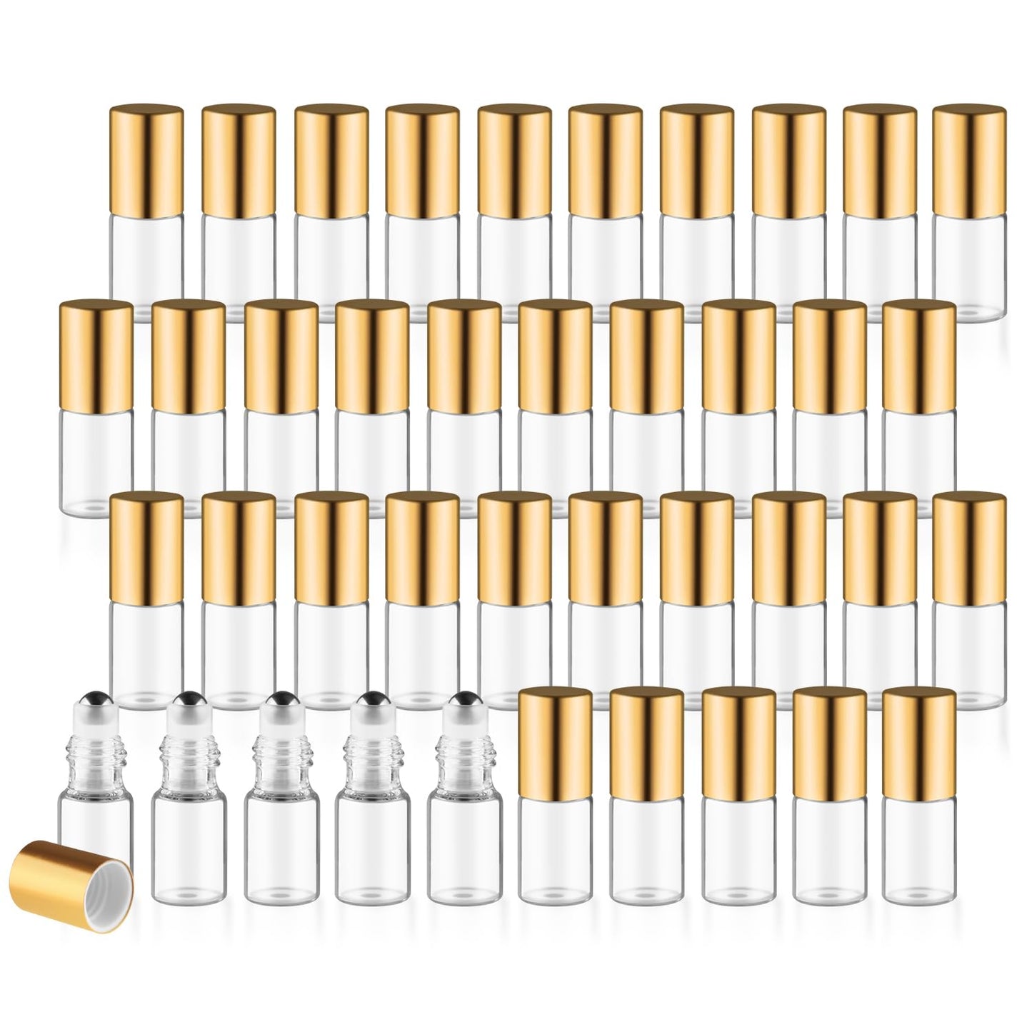 40 Pcs Essential Oils Roller Bottles Small Refillable Glass Perfume Bottles Sample Vials with Roller Balls & Gold Lids for Travel Cosmetic - 3ml