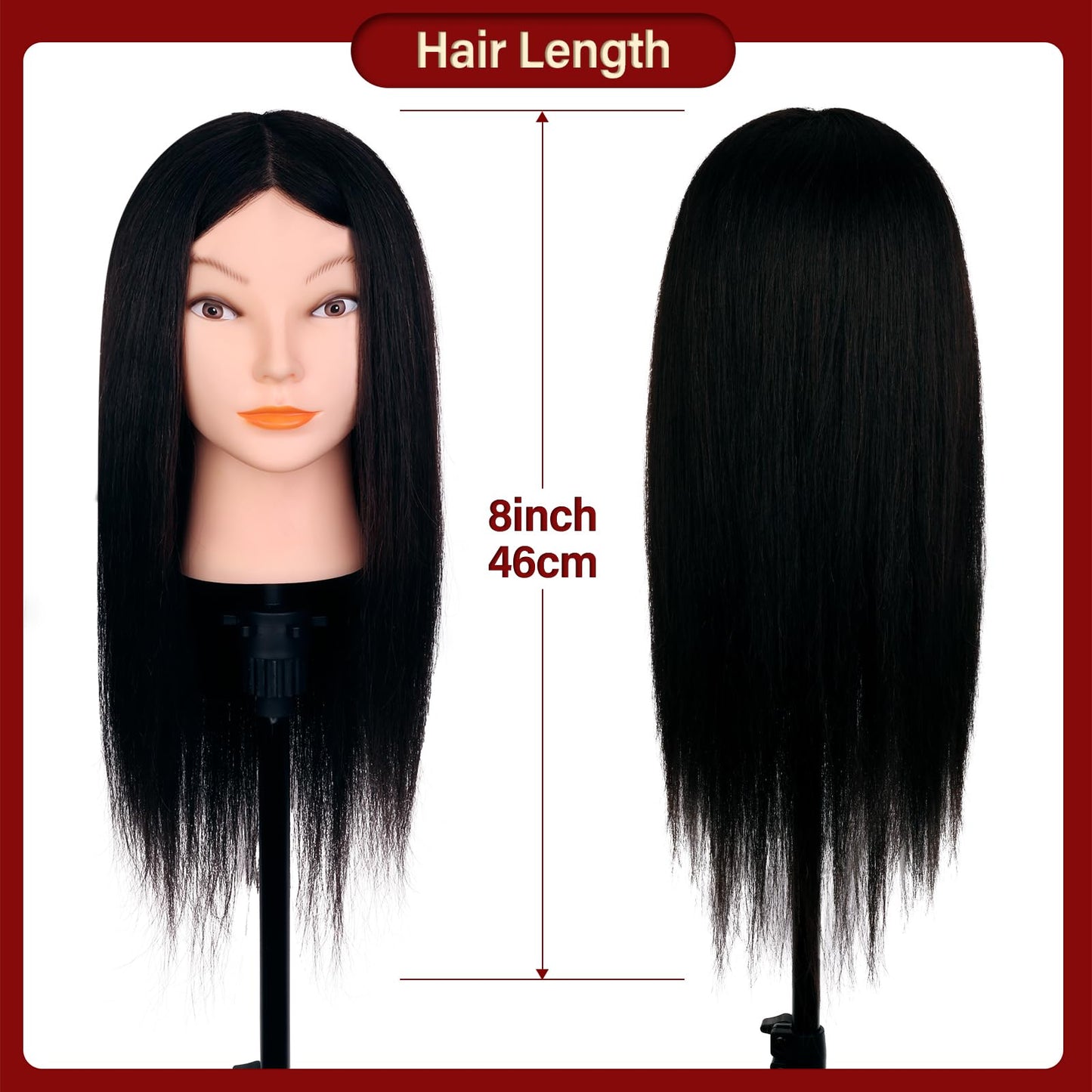 Mannequin Head with 100% Human Real Hair, Cenoz 18" Hairdresser Cosmetology Training Head with Stand and Tool, Manikin Training Practice Head, Doll Head for Hair Styling （Black）