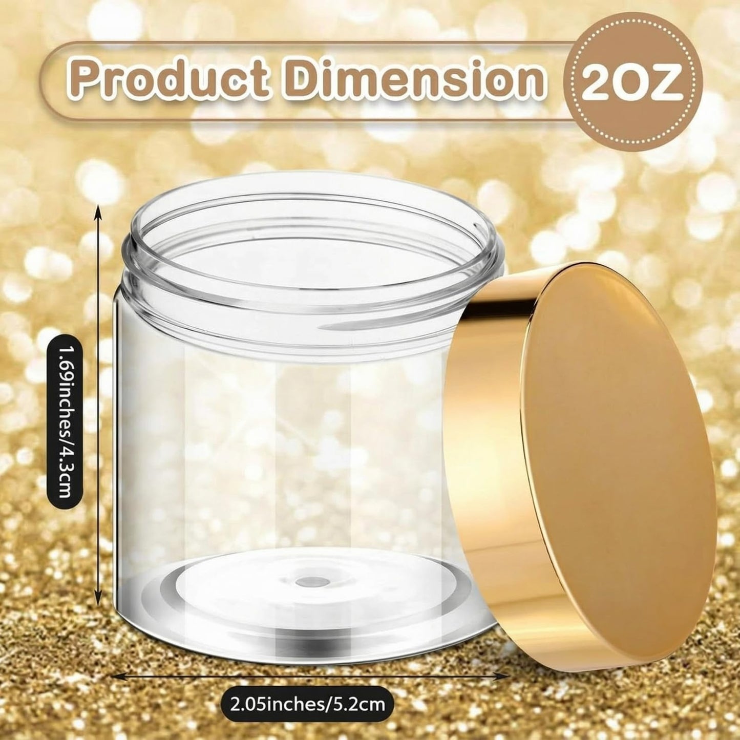 Patelai 48 Pack 2 oz Clear Plastic Jars with Gold Lids Empty Containers Round Clear Plastic Jars Wide-mouth Refillable Storage Organizers for Cosmetics Lotions Butters Slime Making and Food Storage