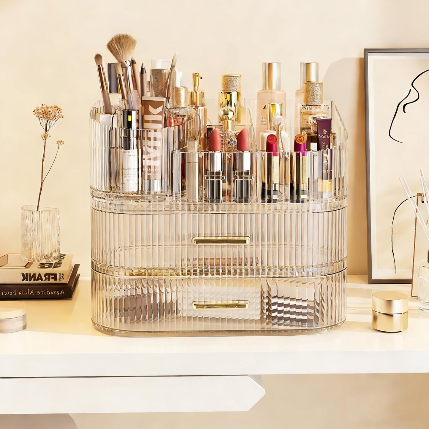 Makeup Organizer with 360 Rotating Brush Holder and Stackable Drawers, Cosmetic Display Case for Vanity, Bathroom Countertop (Clear, 3 Layer)