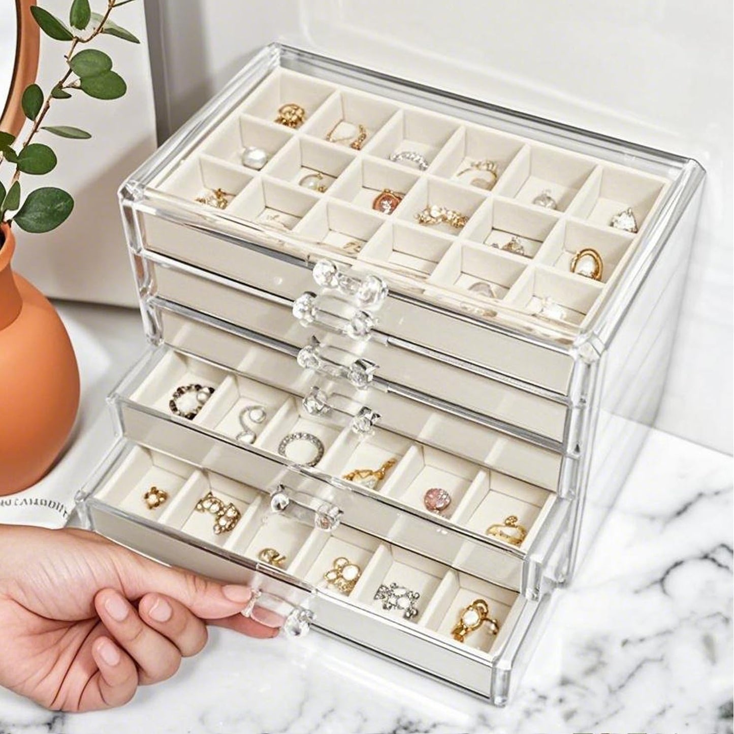 HOUKANWE Acrylic Earring Holder Organizer with 5 Drawers Clear Earring Organizer Box with 90 Adjustable Grids Velvet Earring Display Case Jewelry Organizer for Earrings Rings Studs (Beige)