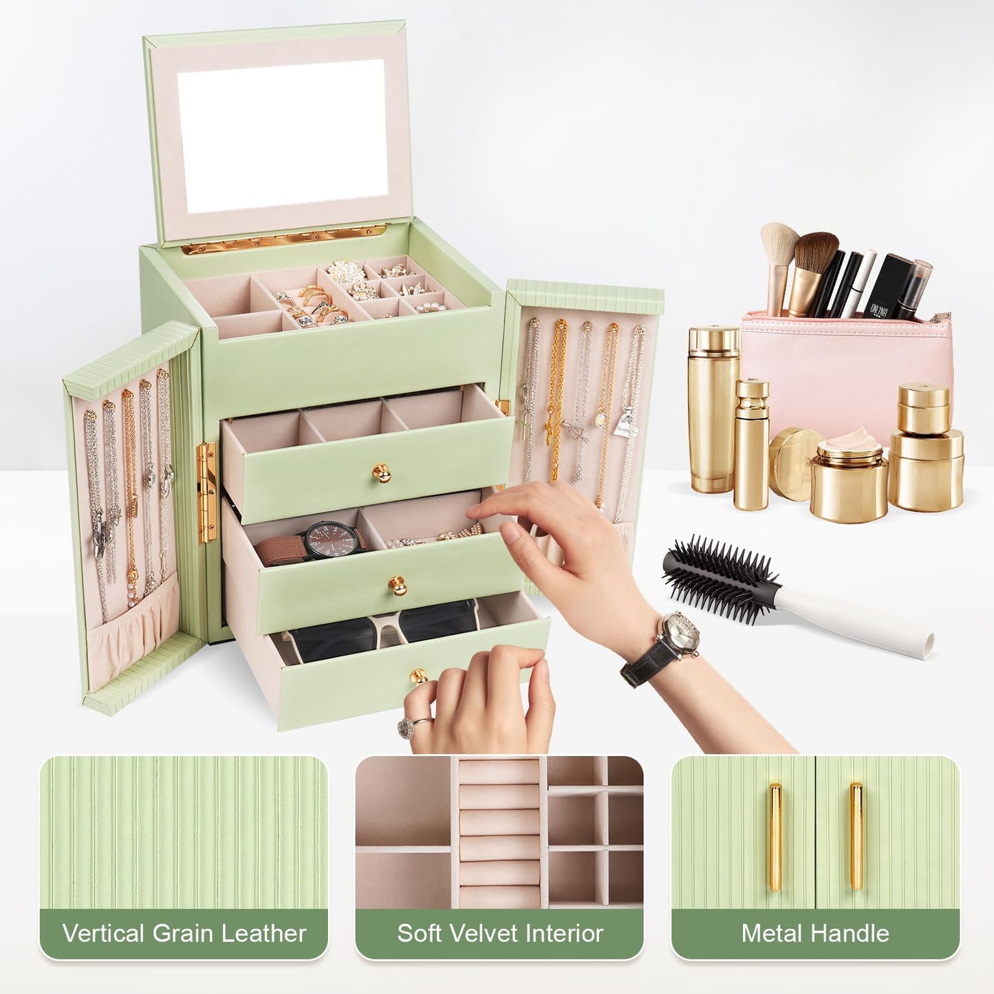 Dajasan Large Jewelry Box Organizer, Jewelry Storage Organizer with 3 Drawers, Huge Jewelry Box with Mirror for Women Girls, Double Door, Textured PU Leather, Gift Idea, Stylish (Green + Gold)