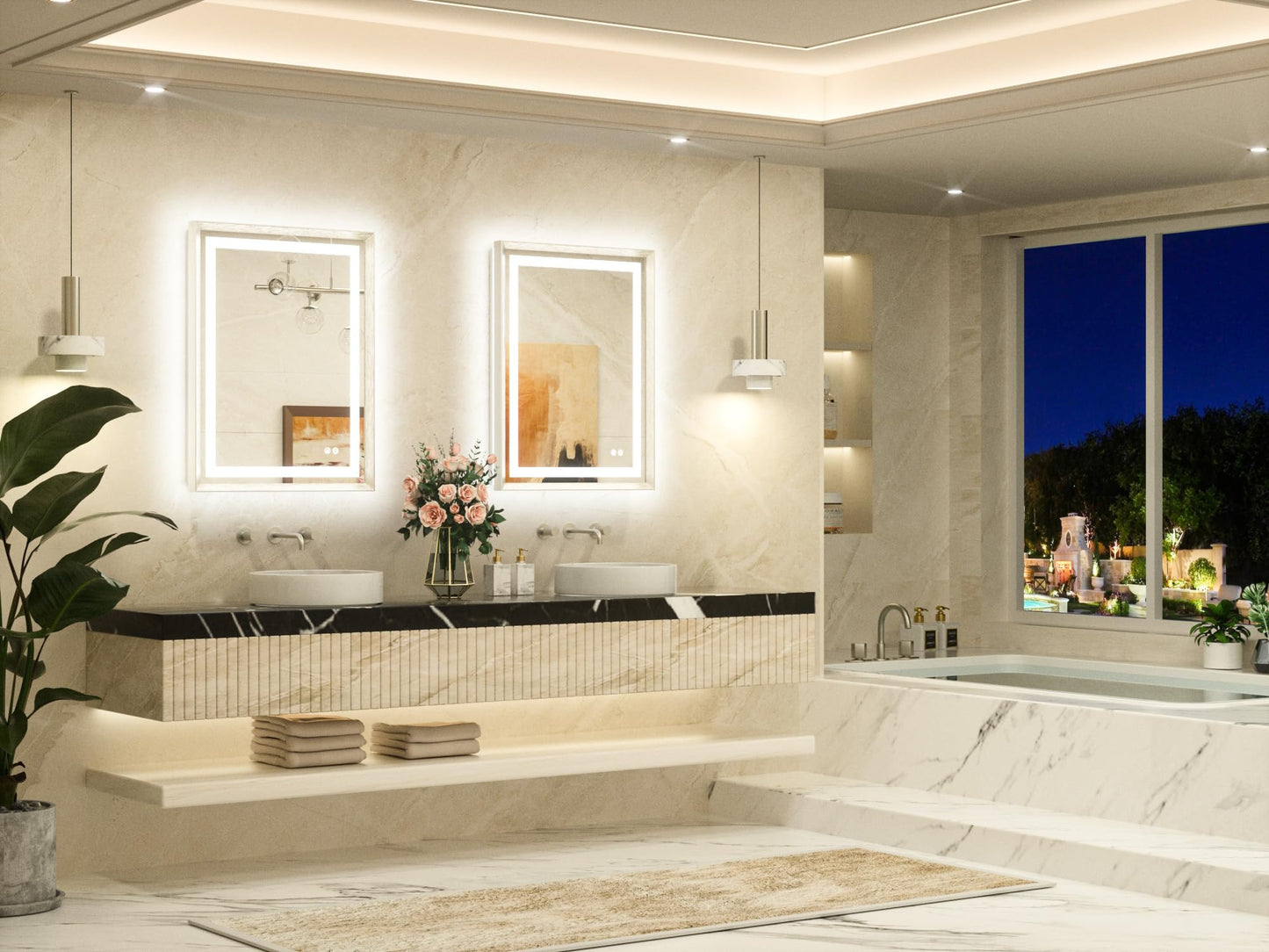 TETOTE 24 x 32 Bathroom LED Mirror Brushed Nickel Metal Frame Frontlit & Backlit Vanity Mirror Anti-Fog Stepless Dimmable 3 Colors White/Warm/Natural Mirror with Lights Wall-Mounted