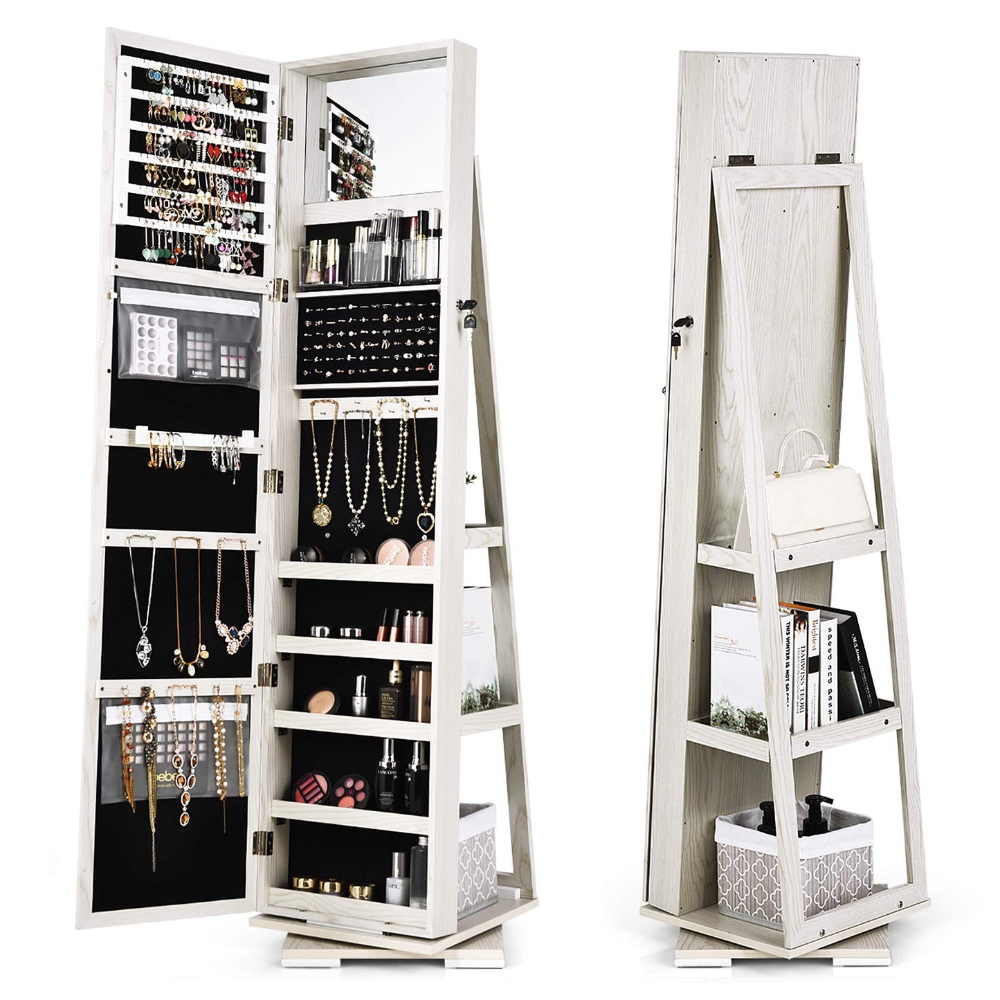 Hysache 360 Rotating Mirrored Jewelry Cabinet, Free Standing Jewelry Armoire, 2-in-1 Lockable Large Capacity Jewelry Organizer w/Full Length Mirror, Inside Makeup Mirror, 78 Ring Slots(WH)