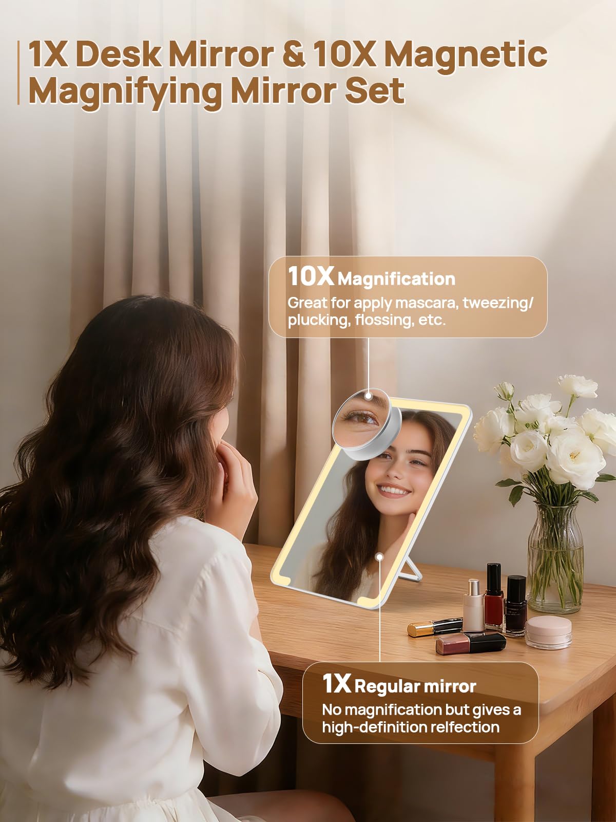 OMIRO Lighted Makeup Mirror with 10X Magnifying Mirror, 10 x 7 inches Desk Mirror with Adjustable Stand and 3 Lighting Modes for Shaving and Travelling, White