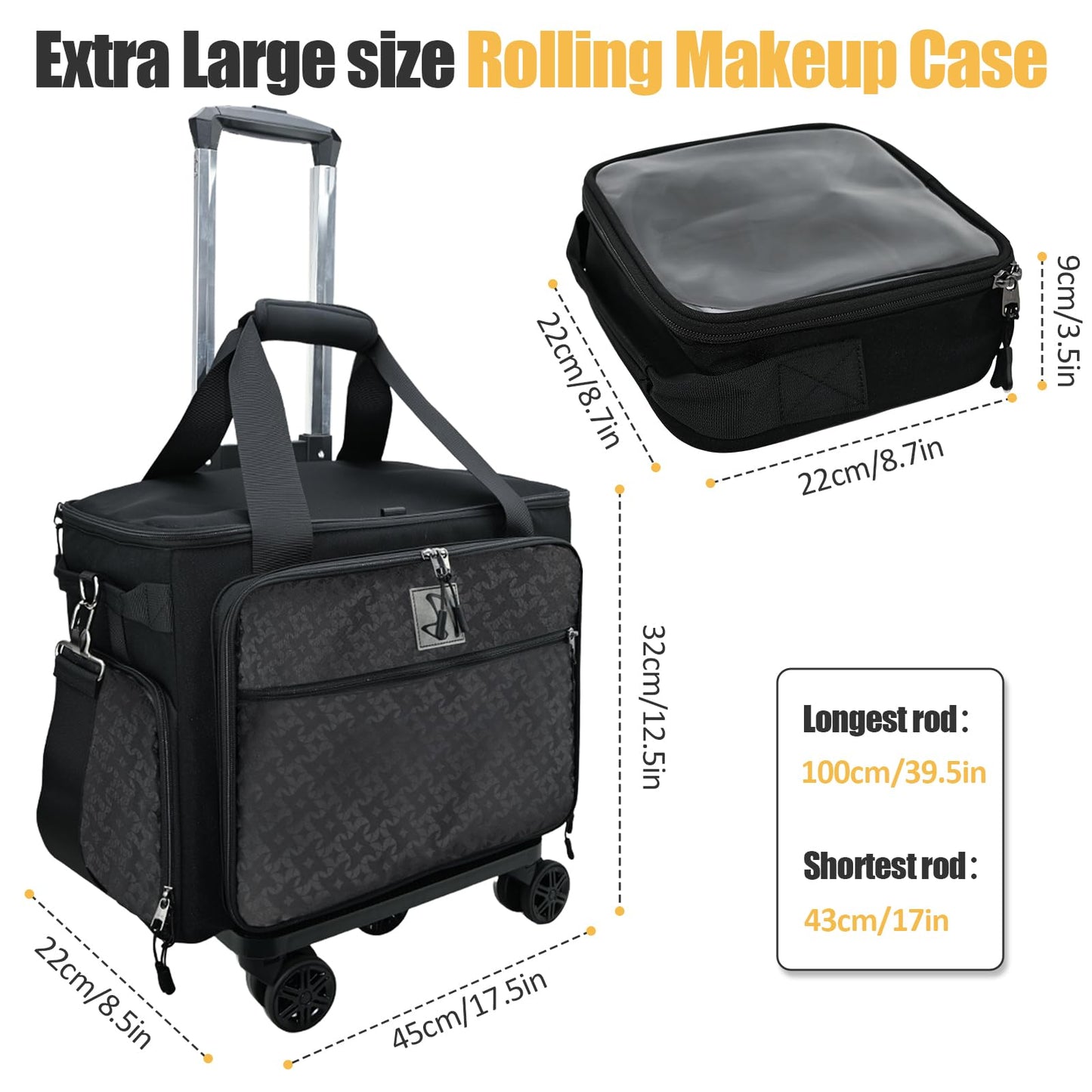 BatlFrist Rolling Makeup Train Case Rolling Cosmetic BagRolling Medicine Bag with 4 Removable Bags, with Brushes Storage Section. with Detachable Dividers (Patent Design)(Black)