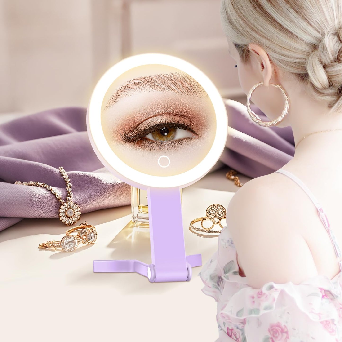 MIYADIVA Lighted Makeup Mirror, 30X Magnifying Mirror with Light, Hanging and Handheld Mirror with Handle, Purple