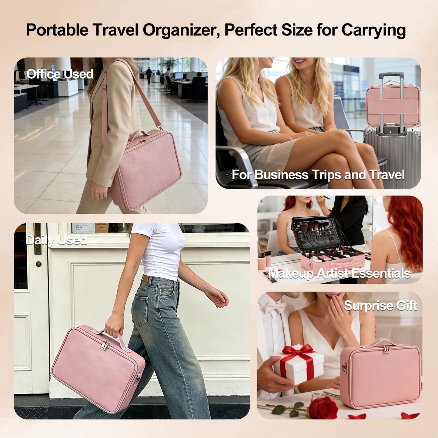 Large Travel Makeup Case, Professional Makeup Train Case Organizer for Women, Cosmetic Brush Bag Holder Waterproof Makeup Artist Storage Box with Adjustable Dividers and Shoulder Strap, Leather Pink
