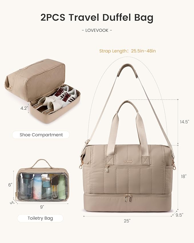 LOVEVOOK Travel Duffle Bag,Puffer Weekender Bags For Women with Shoe Compartment,70L Carry On Duffel Bags For Airplanes,Hospital Bag for Labor and Delivery,Overnight Bag,2Pcs Set