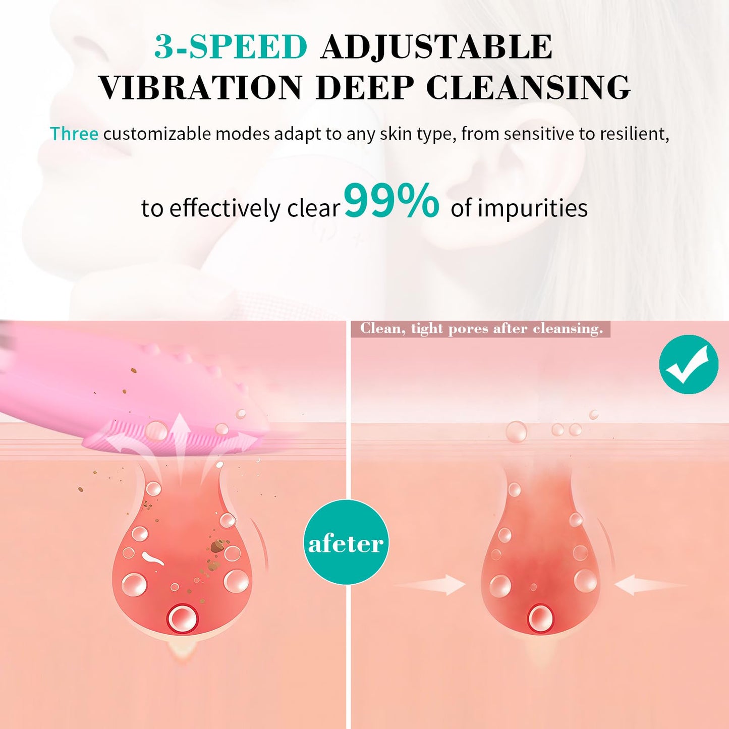Facial Cleansing Brush, Rechargeable Silicone Face Scrubber with 5 Cleansing Modes, Portable Vibrating Exfoliator Scrubber for Deep Cleaning, Waterproof Face Brush for Women(Pink)