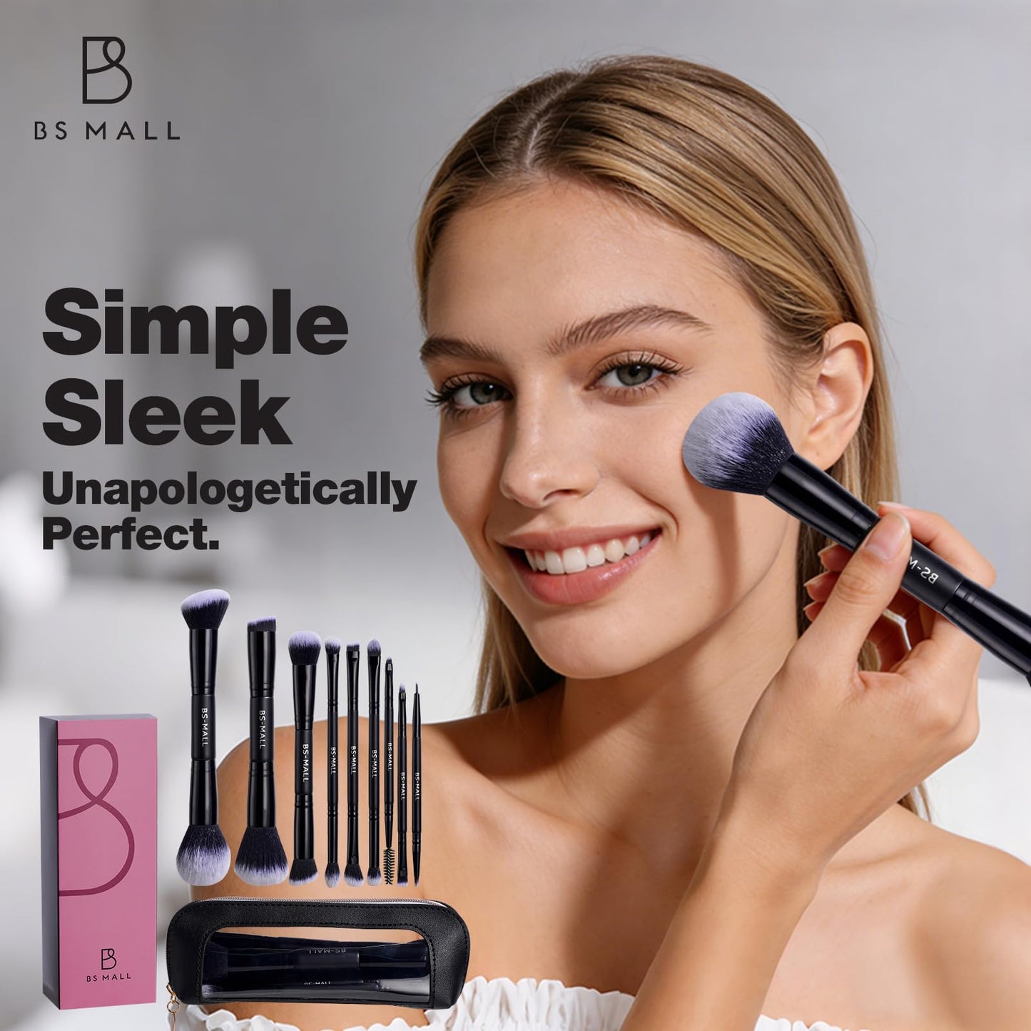 BS-MALL Double-ended Makeup Brush Set With Concealer Brush & Foundation Brush, Eyeshadow Brush- Travel-friendly Multi-purpose Brushes In Makeup Bag For Daily Use (9 PCS Black)