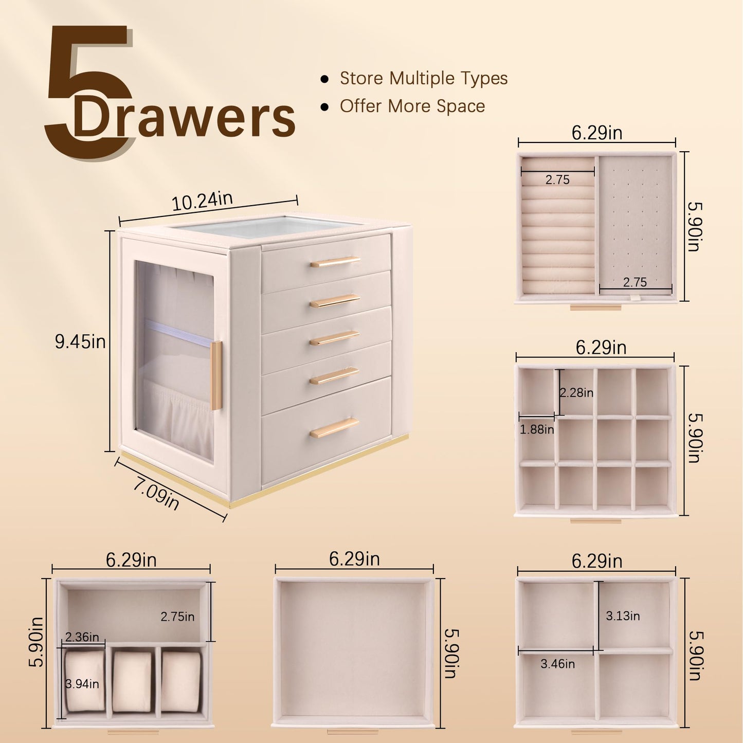 Homeanda 5-Layer Jewelry Box for Women, Glass Lid Jewelry Organizer and Storage with 5 Drawers for Necklaces, Rings, Earrings, Bracelets, Gift for Girls and Teens,PU Leather (Beige)