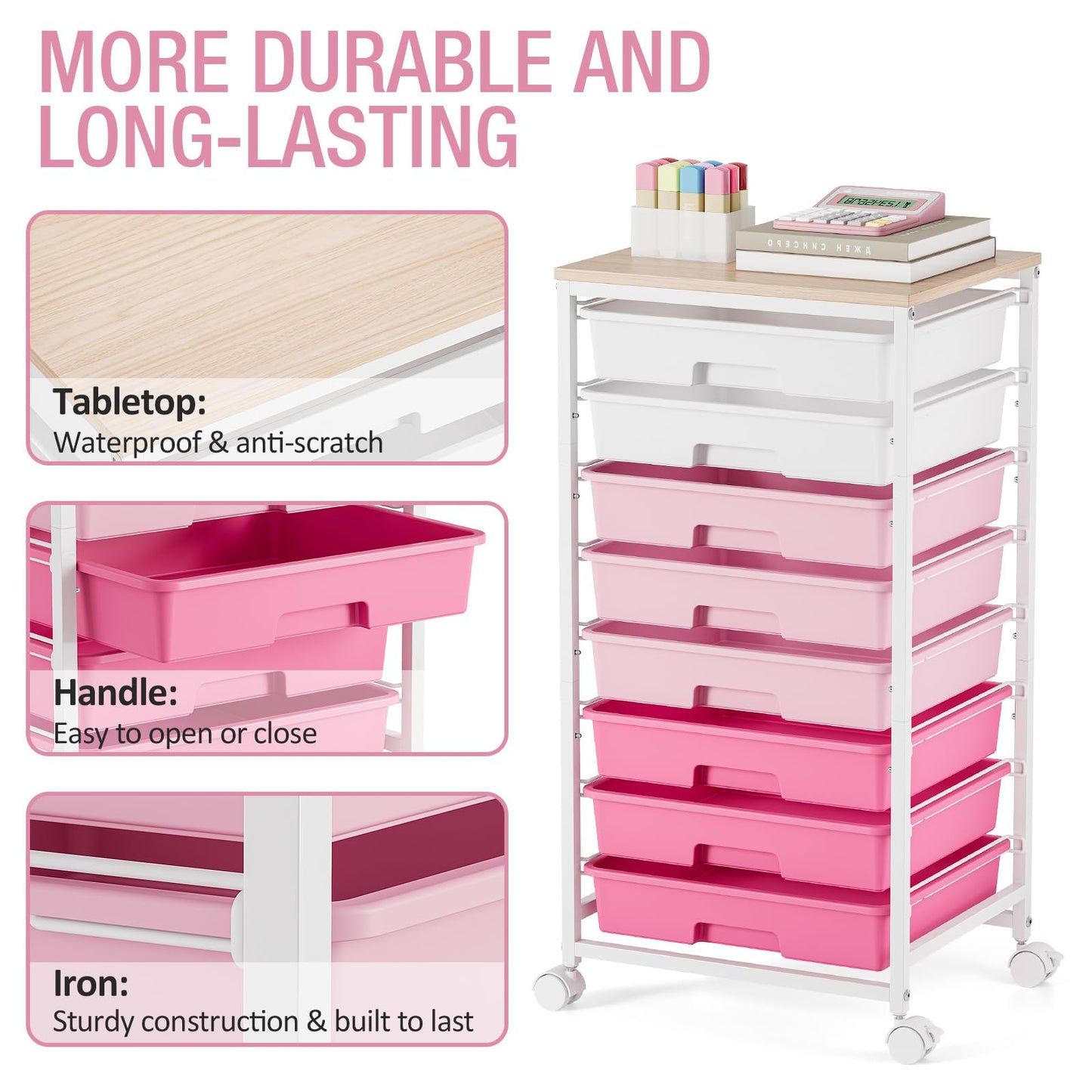 Rolling Cart with Drawers, Pink Cart with 8 Plastic Drawer Storage and Wooden Tabletop, Craft Storage, Teacher Cart, Storage Cart on Wheels, Rose Pink