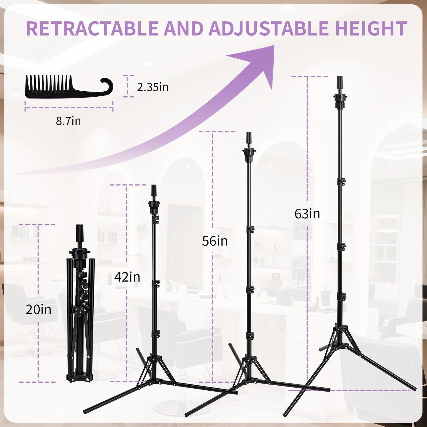 Aofadaning Mannequin Head Stand,Adjustable Wig Stand Tripod Height Adjustment(20-60Inch) Reinforced Metal Mannequin Stand For Cosmetology Hairdressing Training With Free One Wide Tooth Comb