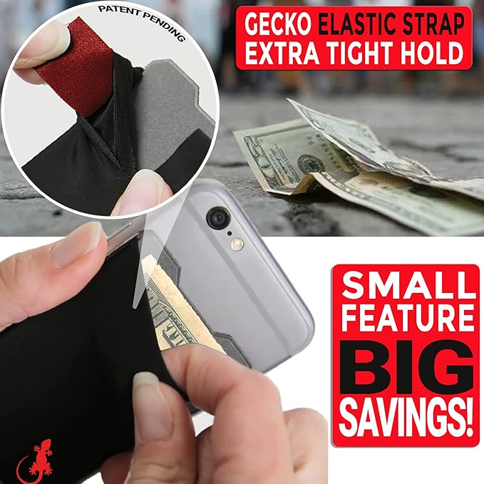 Gecko Travel Tech Double Pocket - Adhesive Card Holder - Cell Phone Pouch - Stick on Spandex Pocket - Carry Credit Cards and Cash (Logo - RED)