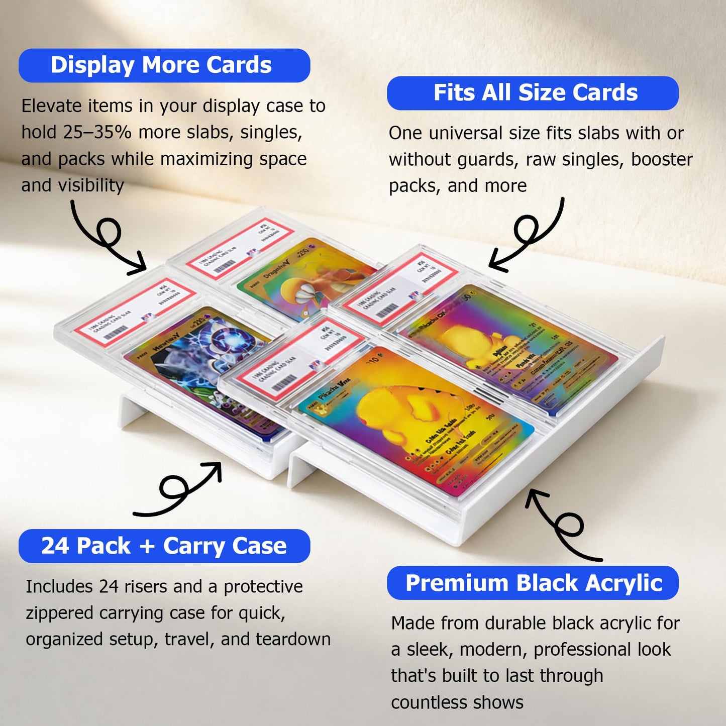 24 Pack Modular Card Risers for Display Cases,with Protective Carry Case,Acrylic Trading Card Showcase Stands for Graded Trading Cards PSA BGS Singles,Vendor Events & Collectors（White）