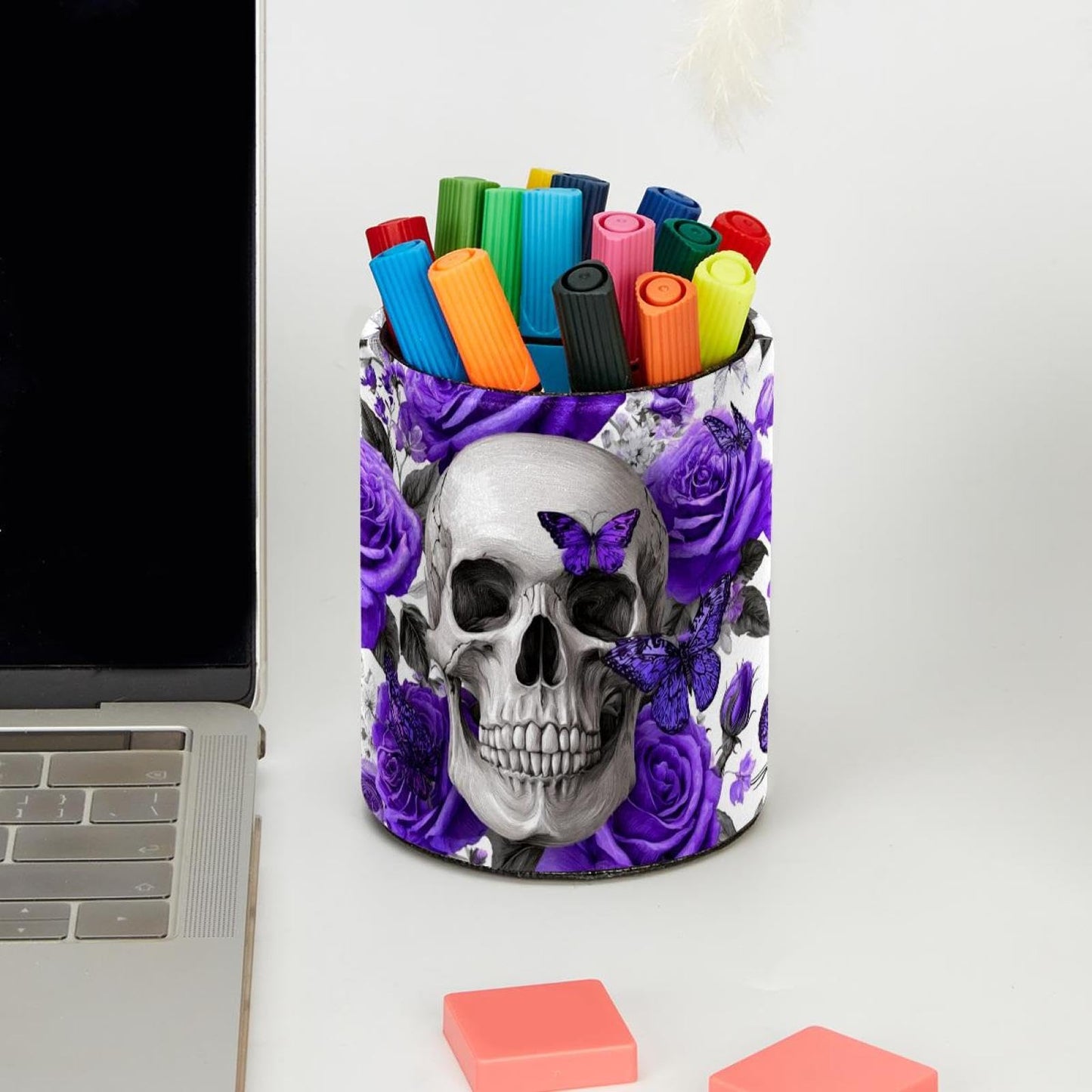 inaowsbno Leather Pen Holder for Desk, Skull Purple Butterflies Pattern Pencil Cup Desktop Organizer Makeup Brush Holders Office Supplies for Home, Kids & School