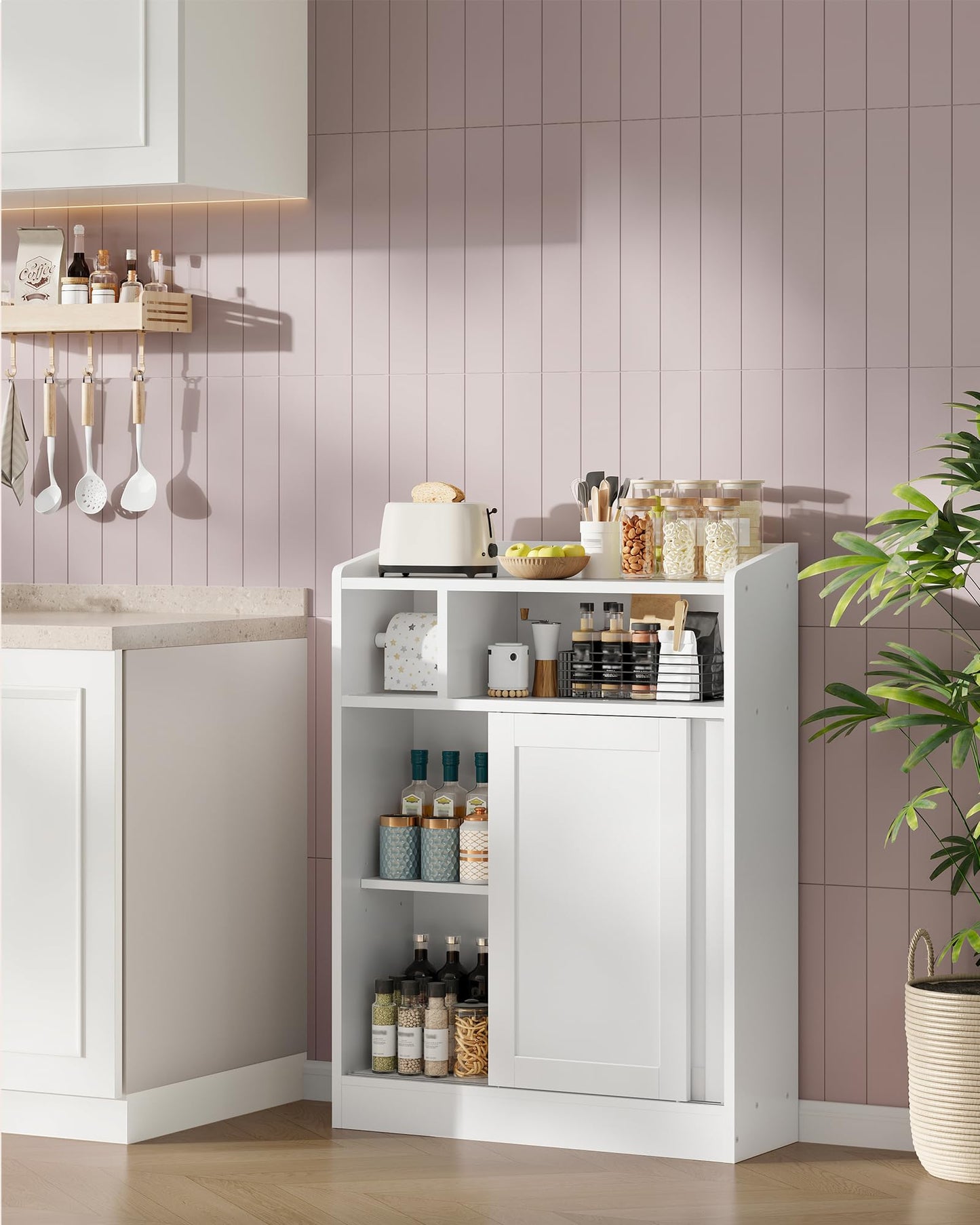 CHOEZON Slim Bathroom Storage Cabinet, Bathroom Floor Cabinet, Storage Organizer with Toilet Paper Holder, Sliding Doors and Adjustable Shelf, for Small Spaces, Bathroom, Living Room, Kitchen, White