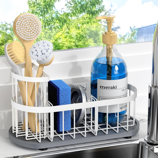 HOKEMOM Sponge Holder for Kitchen Sink with High Brush Holder, [Stay-Dry Anywhere & No Drainage Needed] Rustproof Stainless Steel Kitchen Sink Caddy Organizer with Water Absorbing Stone Tray, White