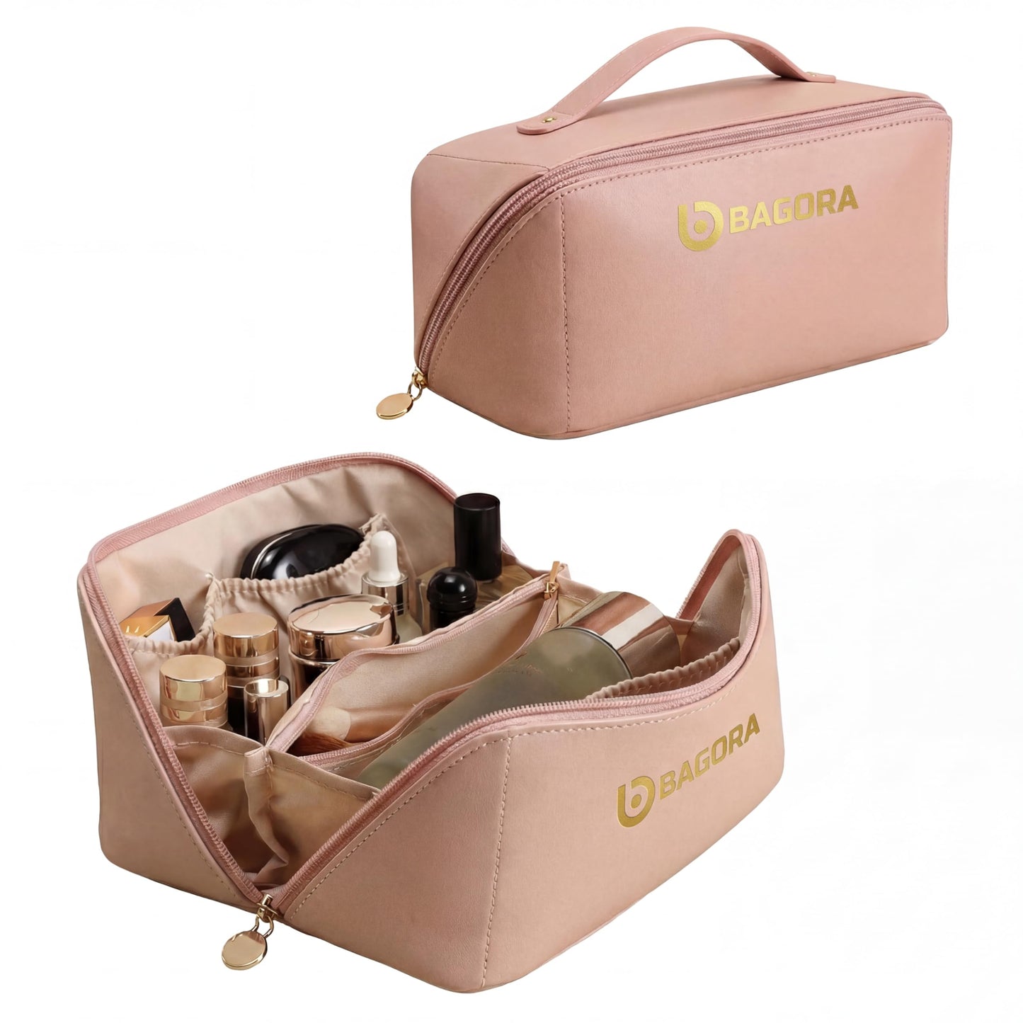 BAGORA Large Capacity Travel Makeup Bag for Women, Waterproof Cosmetic & Toiletry Organizer with Wide Opening, Clear Divider, Brush Holder and Handle (Pink)