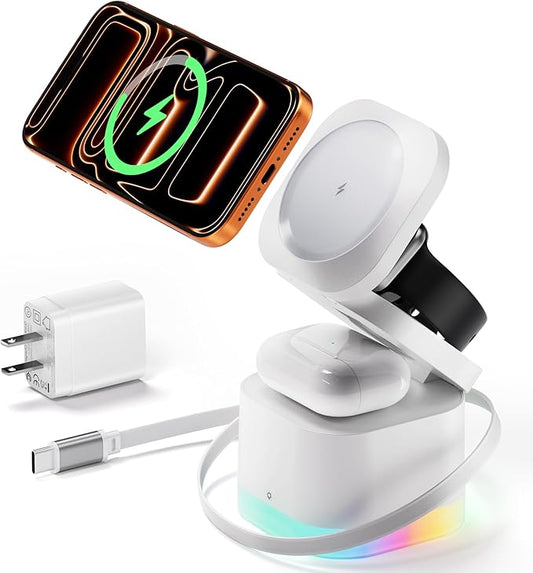 5 in 1 Wireless Charger, Foldable Wireless Charging Station with Night Light for Apple Magnetic Charger, Retractable Cable Travel Charger Stand for iPhone 17/16/15/14/13/12, Apple Watch, AirPods Pro 3