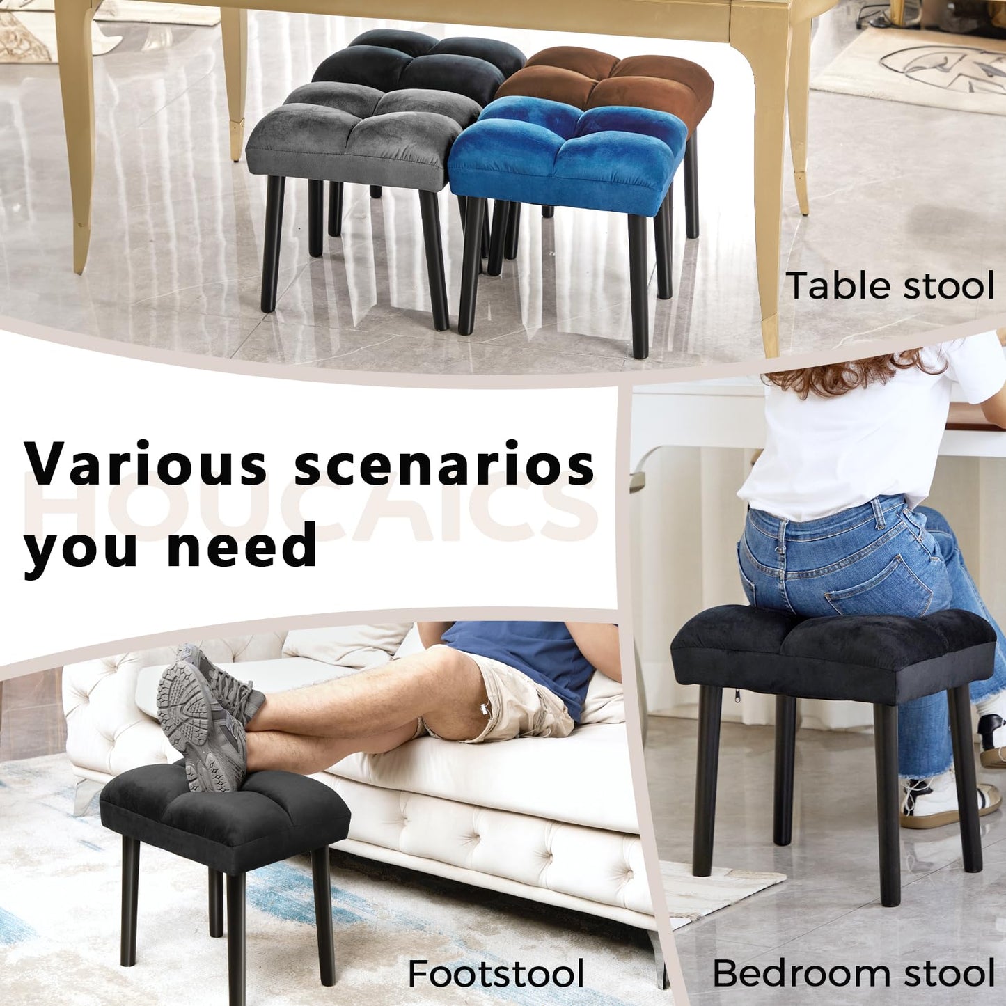 HOUCHICS Black Ottoman Stool, Square Makeup Stool with Wooden Legs, Small Ottoman Stools Chair for Vanity, Modern Padded Sofa Seat Foot Rest Stools(Black)
