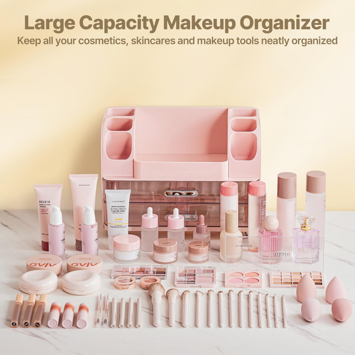 Makeup Organizer with Brush Holder, Makeup Organizer Countertop with 2 Drawers, Make up Organizers for Vanity, Vanity Organizer, Makeup Storage For Skin Cares,Makeup Brushes,Lipsticks,Perfumes(Pink)
