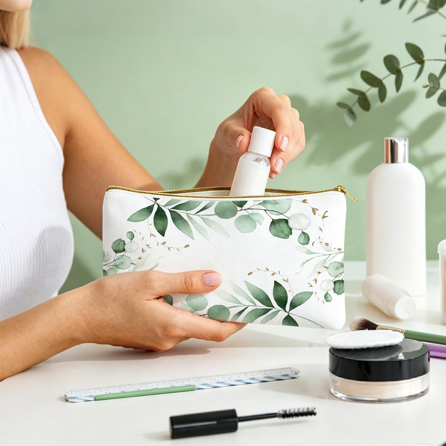 48 Pcs Eucalyptus Makeup Bags Bulk for Women Sage Green Leaves Cosmetic Bags Wedding Bridal Gifts Greenery Canvas Pouches with Zipper for Bridesmaid Baby Shower Anniversary Birthday Party Supplies