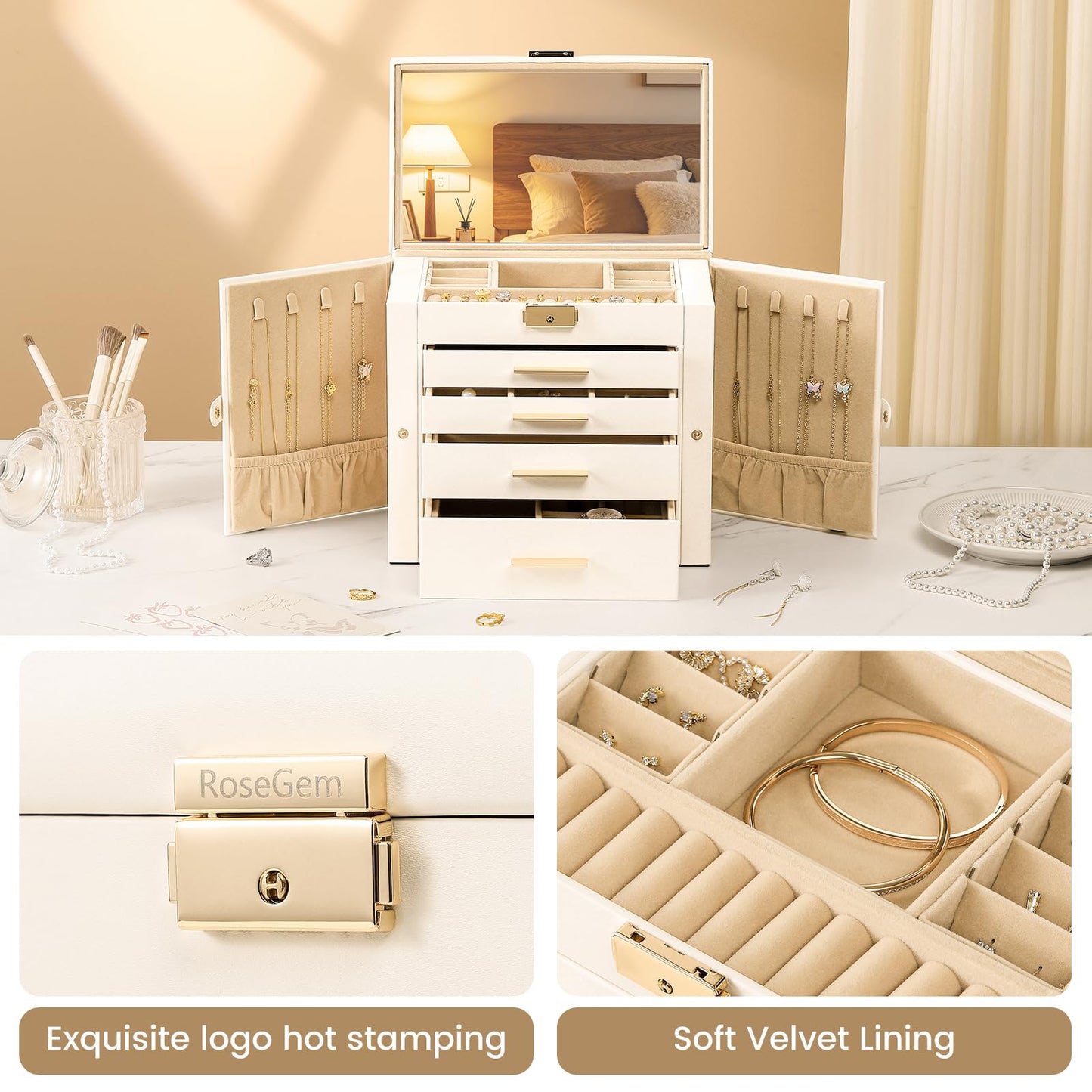 RoseGem Synthetic Leather Huge Jewelry Box Mirrored Watch Organizer Necklace Ring Earring Storage Lockable Gift Case (White)