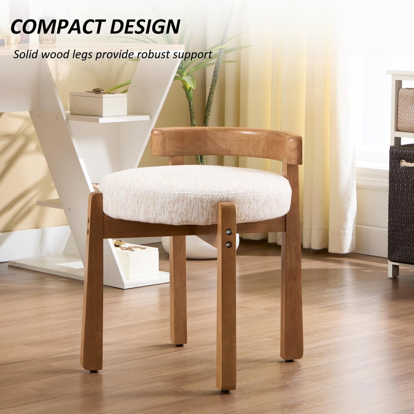 HEAH-YO Wood Vanity Chair with Back, Chenille Upholstered Small Ottoman Footstool, Mid-Century Modern Makeup Chair with Solid Wood Legs for Makeup Room Bedroom Living Room, Beige