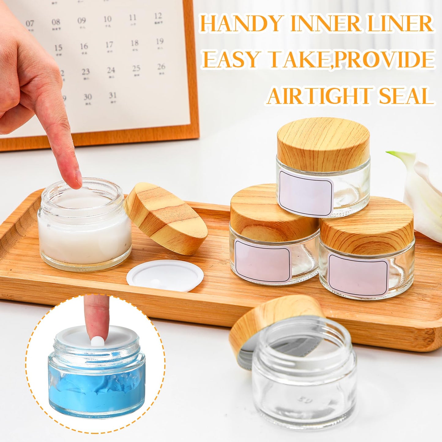Layhit 48 Pcs 50 ml Cosmetic Glass Jars with Lids 1.69 oz Small Jars with Plastic Woodgrain Lids, White Labels and Inner Liners Empty Round Cosmetic Containers for Creams Lotions Powder