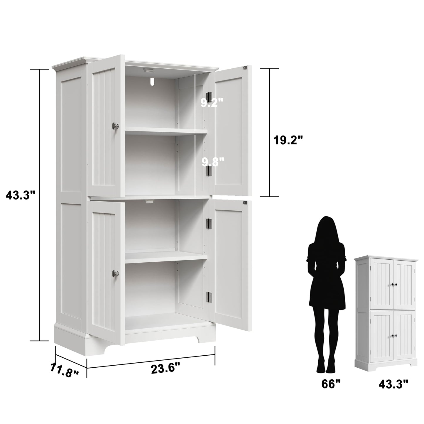 ChooChoo Bathroom Floor Cabinet, Modern Bathroom Storage Cabinet with 4 Doors and Adjustable Shelves, Freestanding Cupboard for Living Room, White