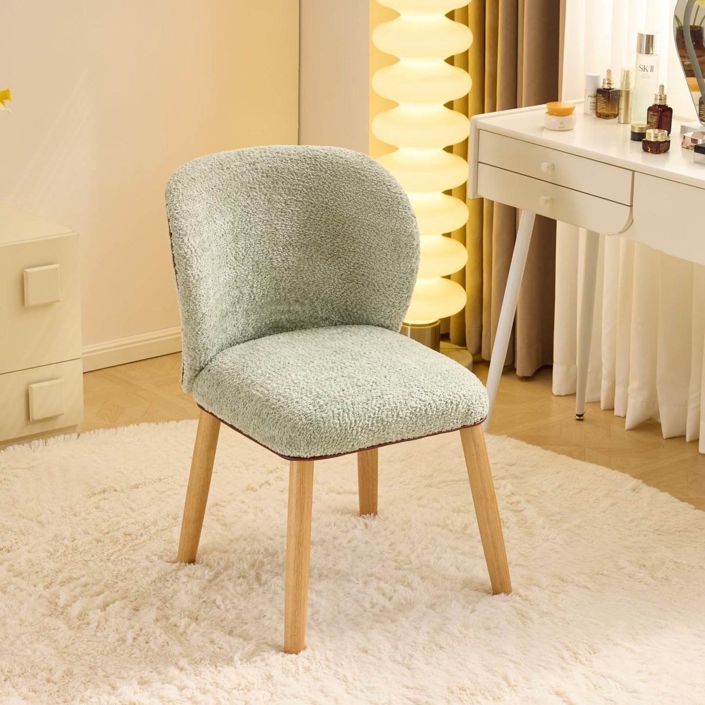 VINGLI Chenille Curved-Back Armless No Wheels Vanity Chair for Girls, Cute & Furry Upholstered Desk Chair with Solid Wood Legs for Study/Makeup/Bedroom/Dressing, Fluffy Makeup Chair for Teens, Green