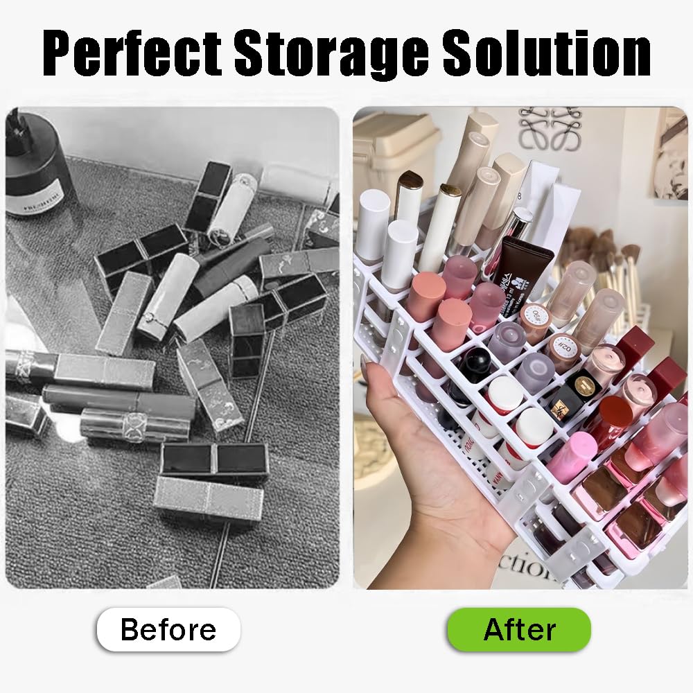 OULIGET Makeup Storage Organizer Rack,Lipstick Lipgloss Display Organizer,Detachable Makeup Brush Air Drying Rack,Perfect Storage Solution for Drawer and Vanity,0.9"+0.66" (24-hole + 60-hole)