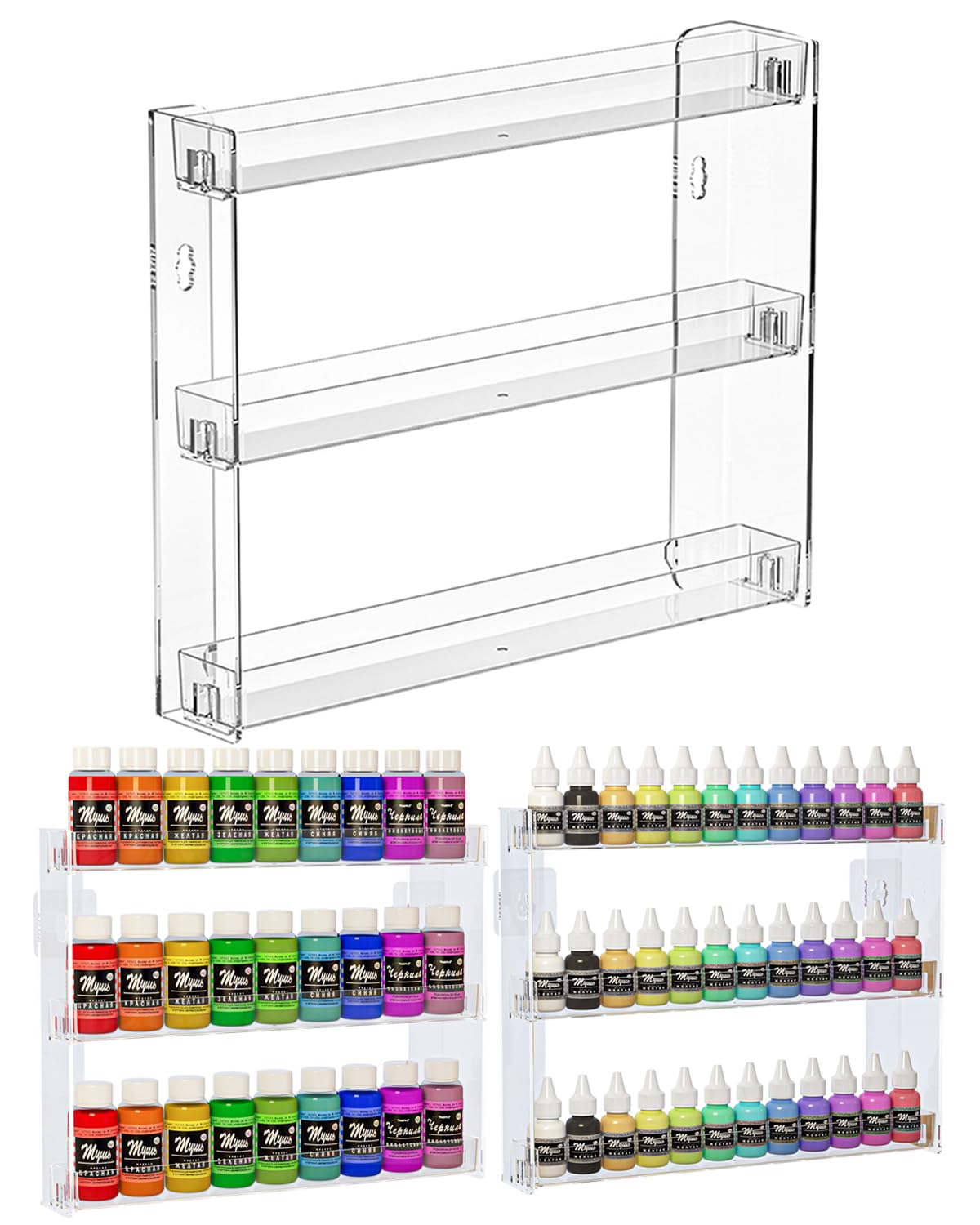 Cocheetah 3 Tier Display Rack, Clear Paint Rack Wall-Mount (No Drill), Acrylic Craft Paint Storage Organizer, Miniature Holder for 2oz Bottle, Nail Polish Organizer, Badges, Mini Figures (1)