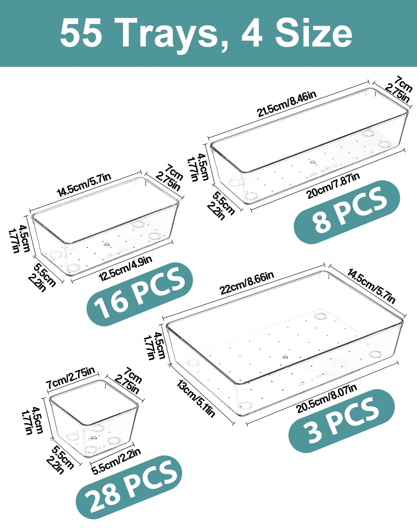 VEXTHYX 55Pcs Clear Plastic Drawer Organizers Set, 4size makeup drawer organizer trays for vanity,desk,bathroom,office,nightstand,gadgets for kitchen drawer, Versatile drawer divider storage bins