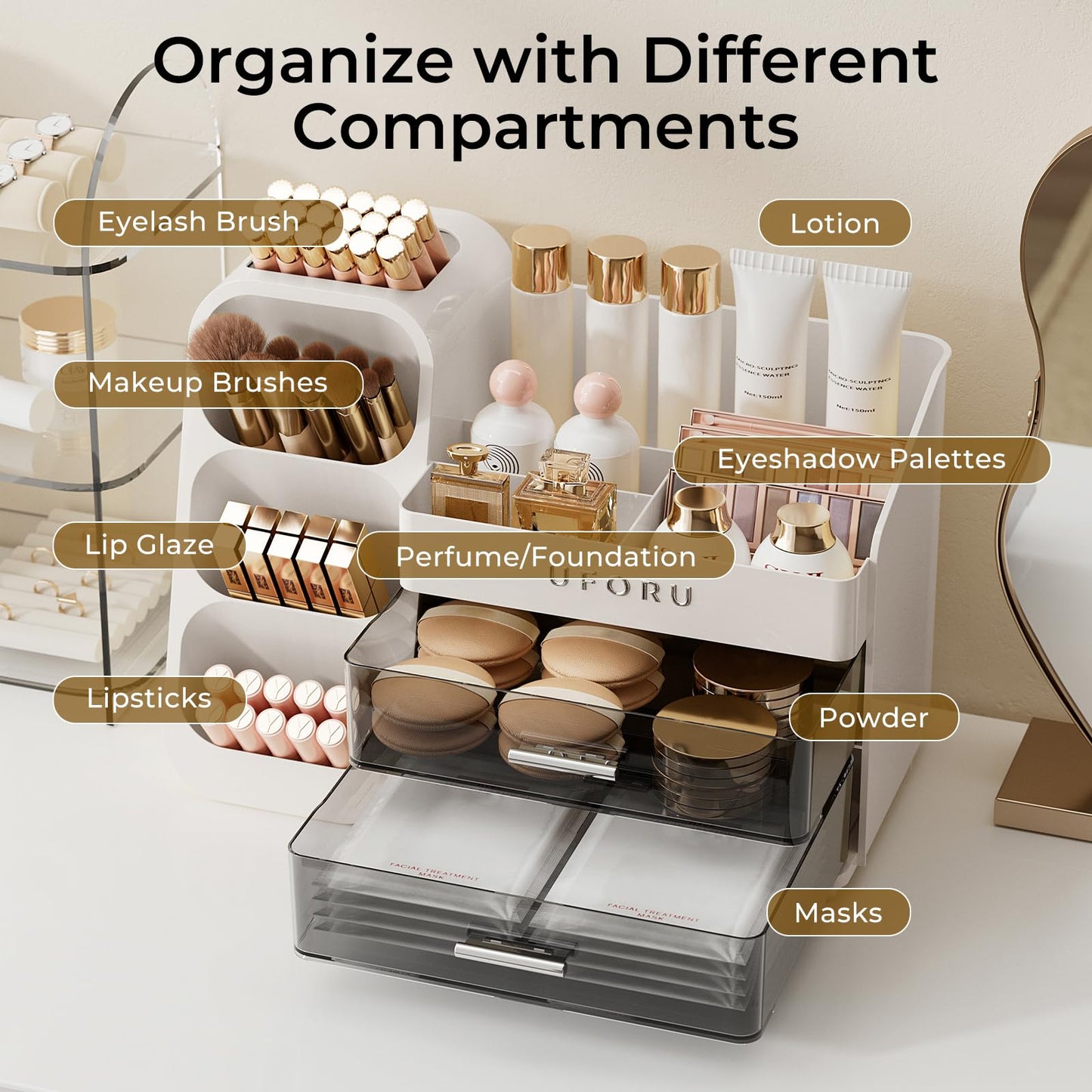 UFORU Makeup Organizer for Vanity with Brush Holder, Large Capacity Bathroom Countertop Skincare Organizer with 2 Drawers, Cosmetic Display Case for Perfumes, Eyeshadow Palettes, Nail Polishes