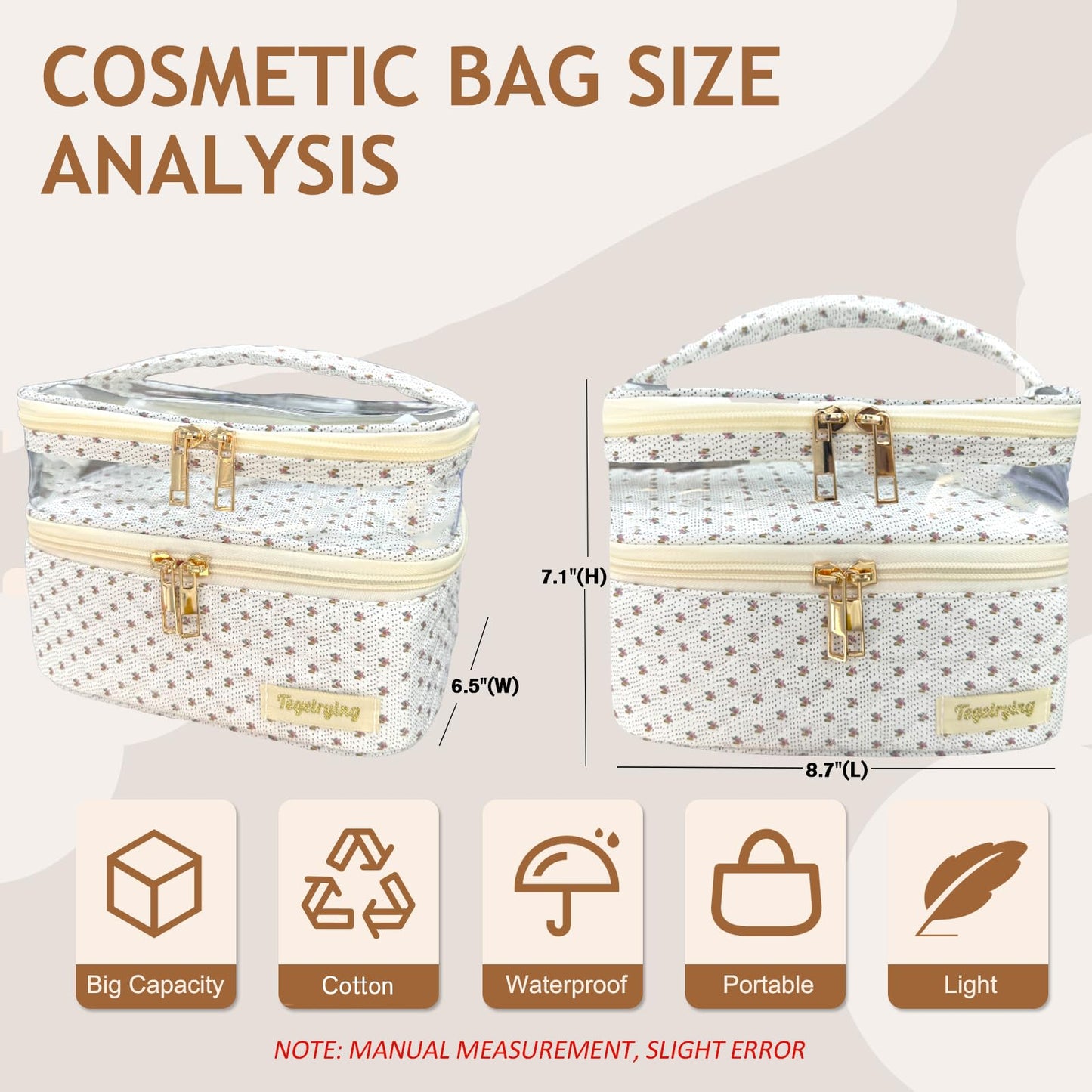 Tegelrying Travel Makeup Bag,Double Layer Large Cotton Quilted Makeup Pouch Soft Cosmetic Organizer with Handles,Cute Make up Case Toiletry Bags for Women,White Flroal