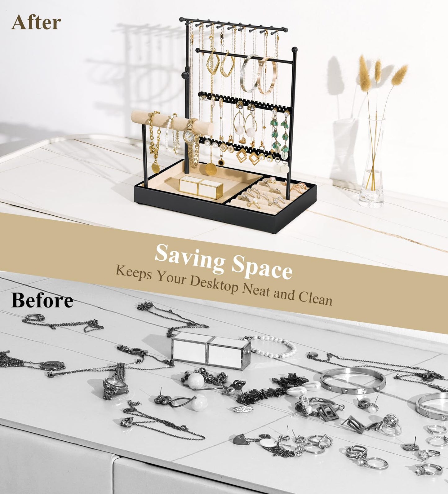 Emibele Jewelry Holder, Jewelry Organizer Stand Necklace Earring Bracelet Holder, 5 Tier Jewelry Display Tower Rack with Metal Frame and Velvet Ring Tray, Aesthetic Jewelry Stand Gift for Women, Black