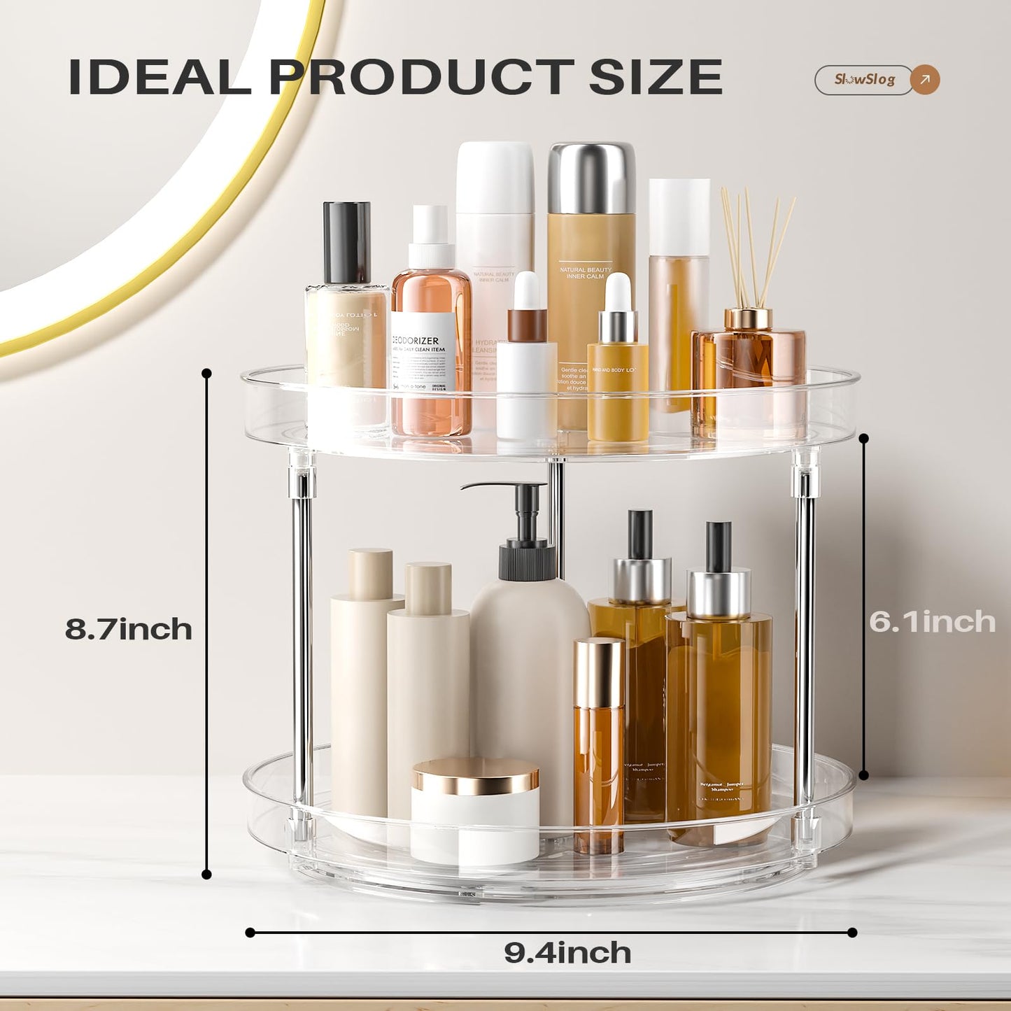 Slow Slog 2 Pack 2 Tier Lazy Susan Turntable Organizer, Clear Rotating Lazy Susan, Spice Rack for Cabinet, Makeup and Perfume Organizer for Vanity, Counter Organizer Tray for Kitchen, Bathroom