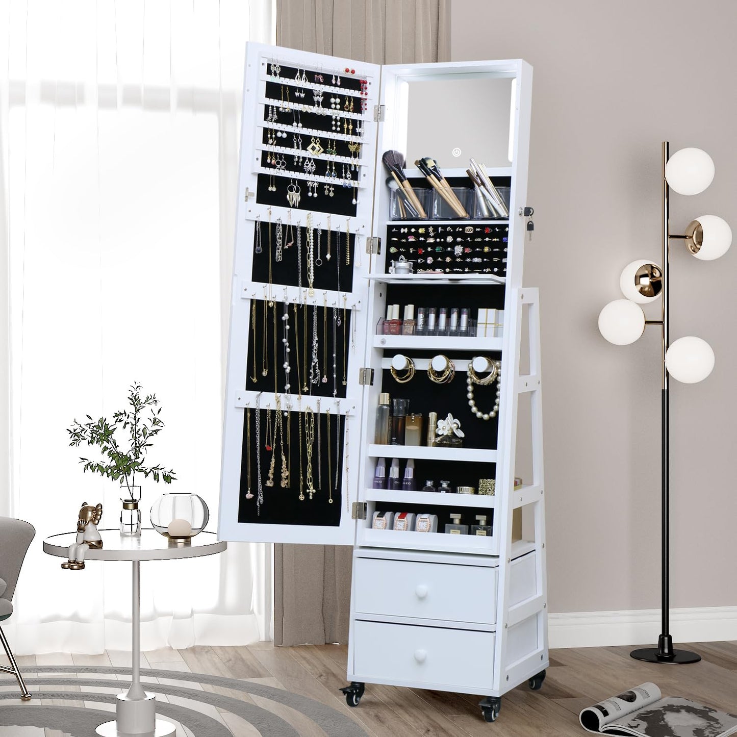 Jewelry Cabinet Standing Mirror with Drawers Wheels Full Length Mirror Jewelry Storage with Touch Screen Vanity Mirror Rotatable Jewelry Armoire Organizer with Lock White Christmas Gift for Women