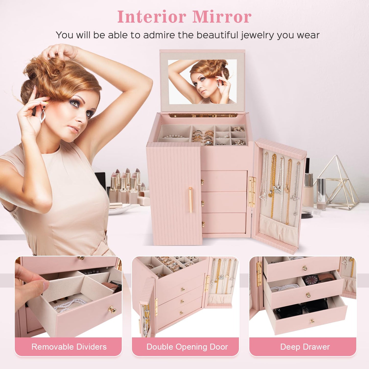Dajasan Large Jewelry Box Organizer, Jewelry Storage with 3 Drawers, Huge Jewelry Box with Mirror, Gift Idea for Women, Girls, Double Door, Textured PU Leather Surface, Stylish (Pink + Gold)