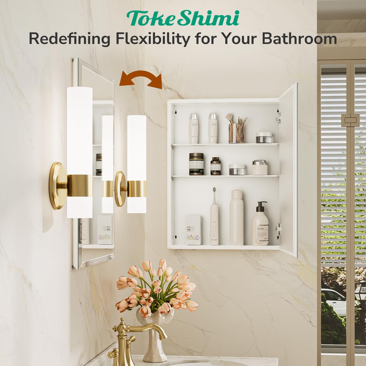 TokeShimi 14 x 24 Medicine Cabinet with Mirror, Assembly Required, White Recessed Bathroom Medicine Cabinet with Tempered Beveled Mirror, Stepless Adjustable Shelves, DTC Hinge