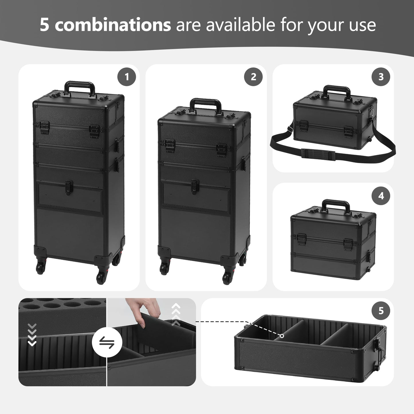 Somduy 4 in 1 Rolling Makeup Case on Wheels with Drawer and Professional Cosmetic Organizers for Salon Barber - Bright Black