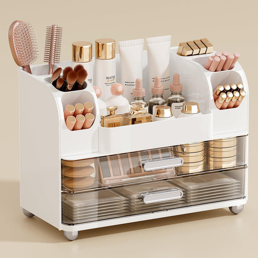UFORU Makeup Organizer for Vanity with 2 Large Drawers, Cosmetic Display Case with Brush Holders, Easy to Storage for Bathroom Countertop Skincare, Perfume, White