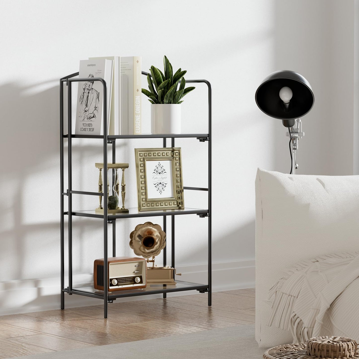 Crofy 3-Tier Foldable Bookshelf, Black Frame & Transparent Shelves