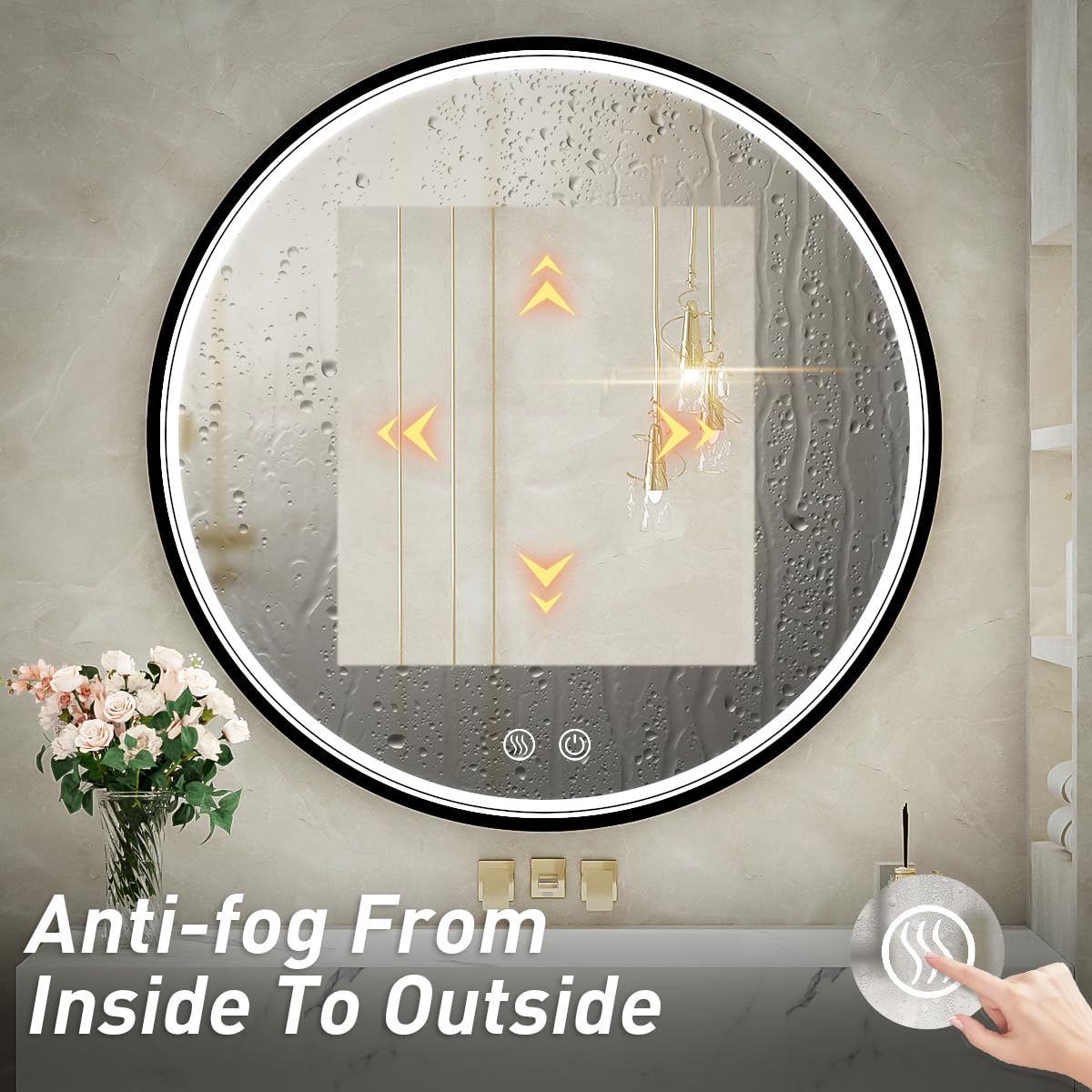 FTOTI 36" Round LED Bathroom Mirror, Dimmable Anti-Fog Vanity Mirror with Touch Control, 6000K Natural Light, Black Metal Frame, Wall Mounted for Makeup Shaving (IP54, 90+ CRI)