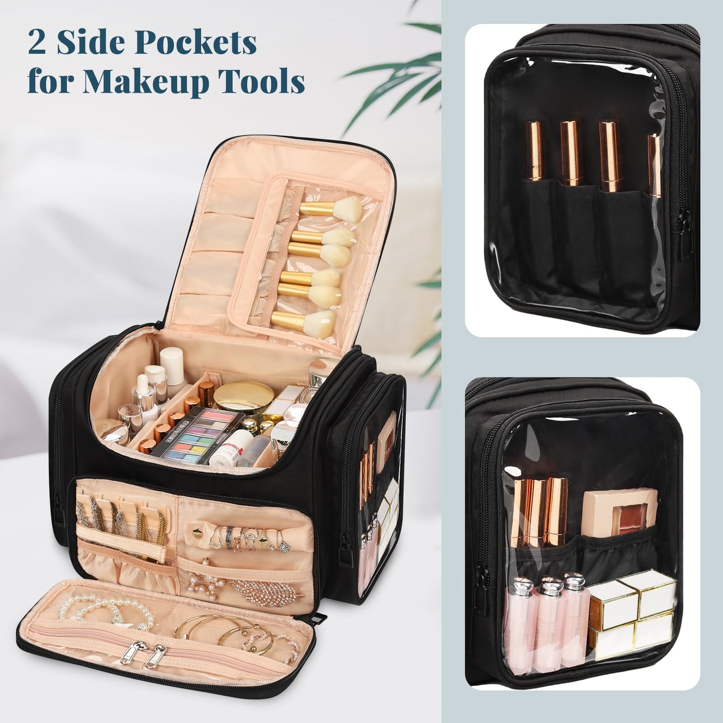 Large Makeup Bag with Jewelry Organizer, Travel Toiletry Bag for Women Girls with Makeup Brush Compartment & Two Side Pockets - XL Black