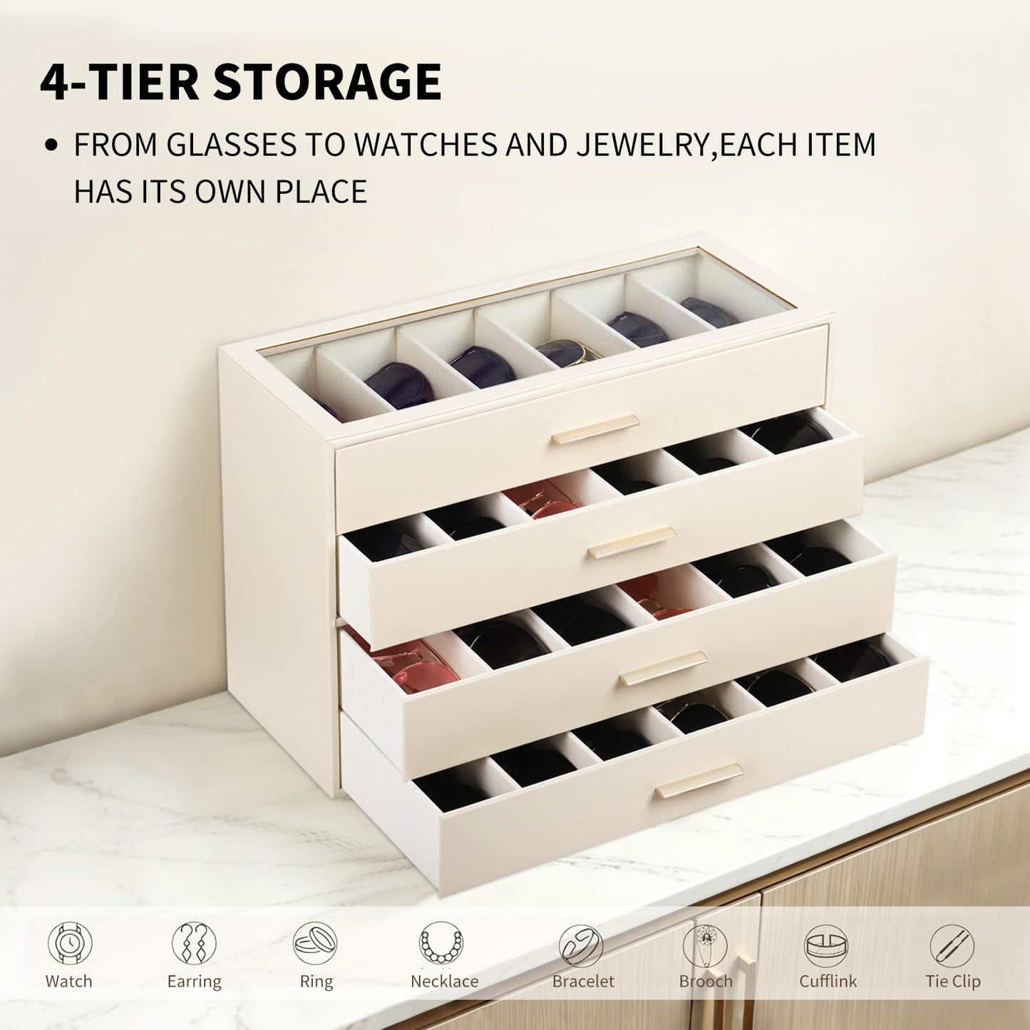 AUTORK PU Leather Sunglasses Organizer Case with Lock,4-Layer 24-Slot Eyeglass Display Box with Drawer,Glass Top Jewelry Storage Holder for Men Women,Ideal Gift for Desktop,Beige,MKAWC02